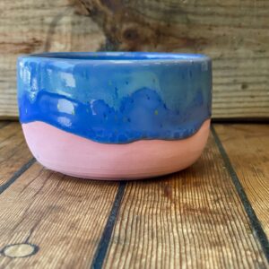 pink porcelain bowl with 2-tone blue glaze
