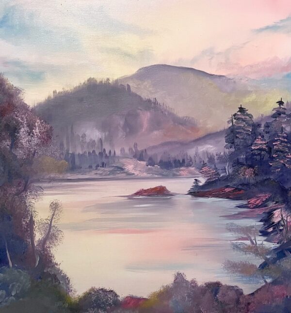 Pastel pinks, purples, blues, and yellows make up the mountain lake background of this oil painting, with darker purples and some reds in the waterfront land and trees in the foreground