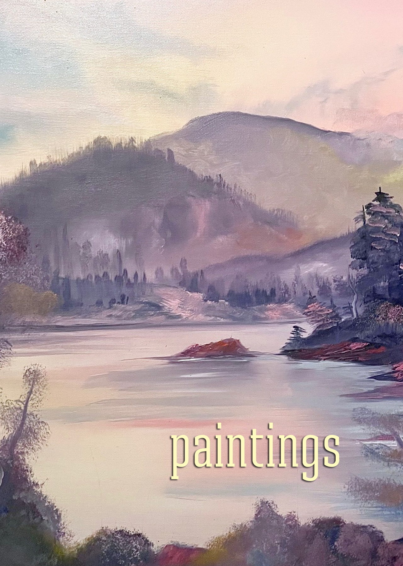 Landscape painting full of pastel pinks, blues, and yellow in the background and water with darker, moodier maroons and purples in the foreground